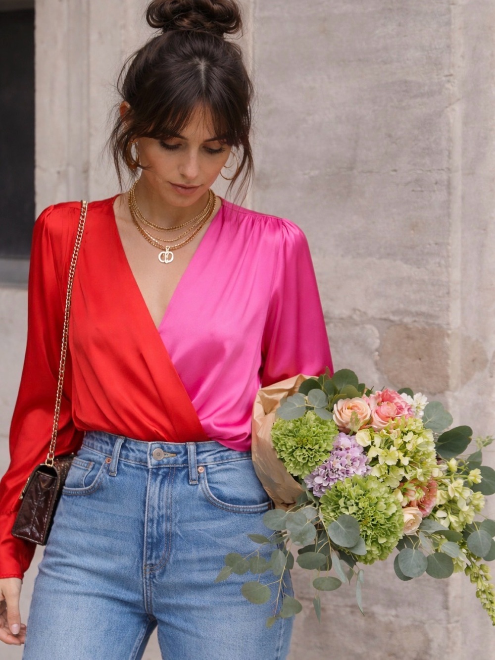 Colorful two tone pink and red satin bodysuit